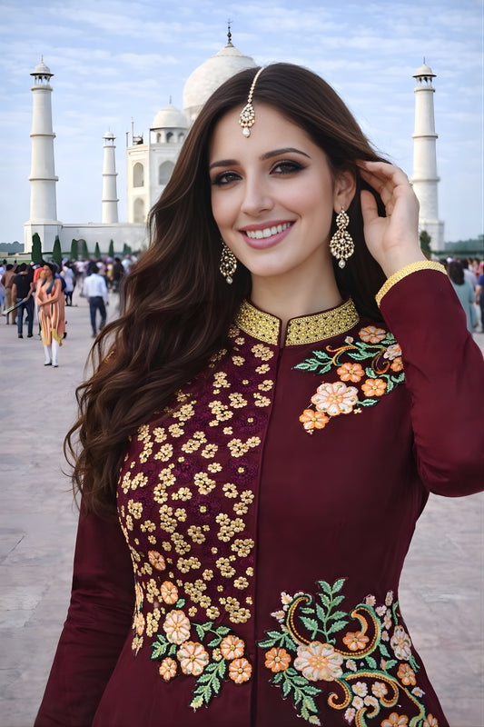 Elegant Maroon Floral Embroidered Georgette Anarkali Suit with Pants for Wedding