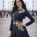 Latest Navy Blue Floral Embroidered Georgette Anarkali Suit with Pants for Wedding