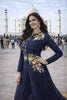 Latest Navy Blue Floral Embroidered Georgette Anarkali Suit with Pants for Wedding