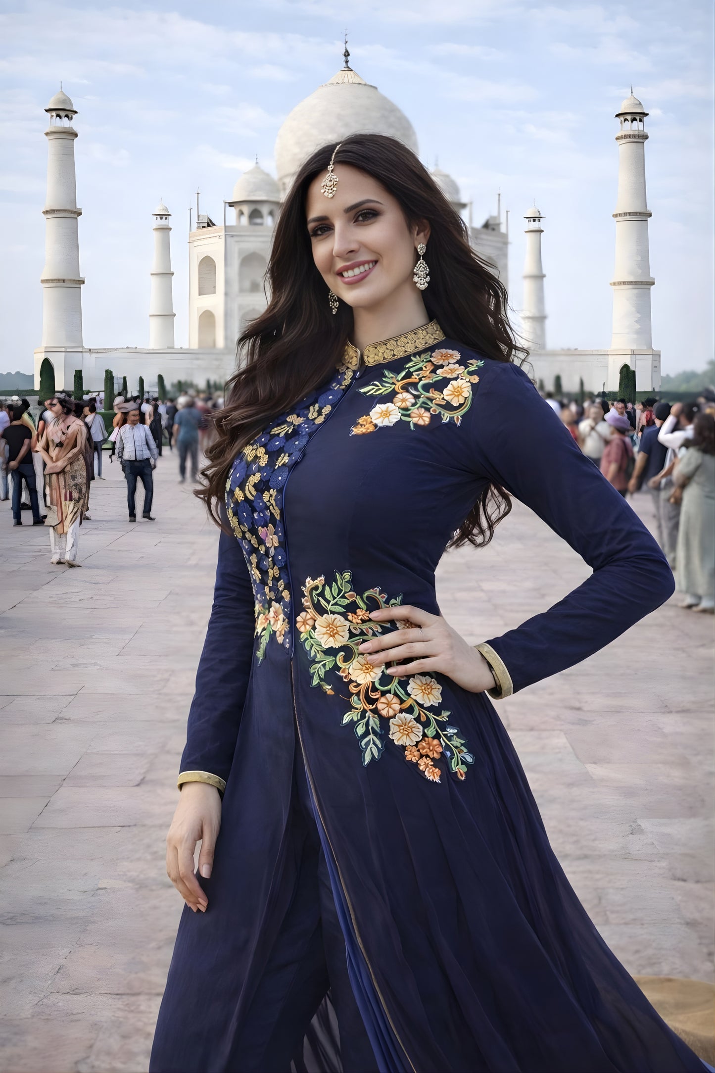 Latest Navy Blue Floral Embroidered Georgette Anarkali Suit with Pants for Wedding