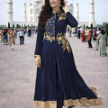 Latest Navy Blue Floral Embroidered Georgette Anarkali Suit with Pants for Wedding