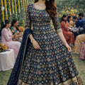 Perfect Navy Blue Embroidered Georgette Anarkali Suit with Dupatta for Wedding