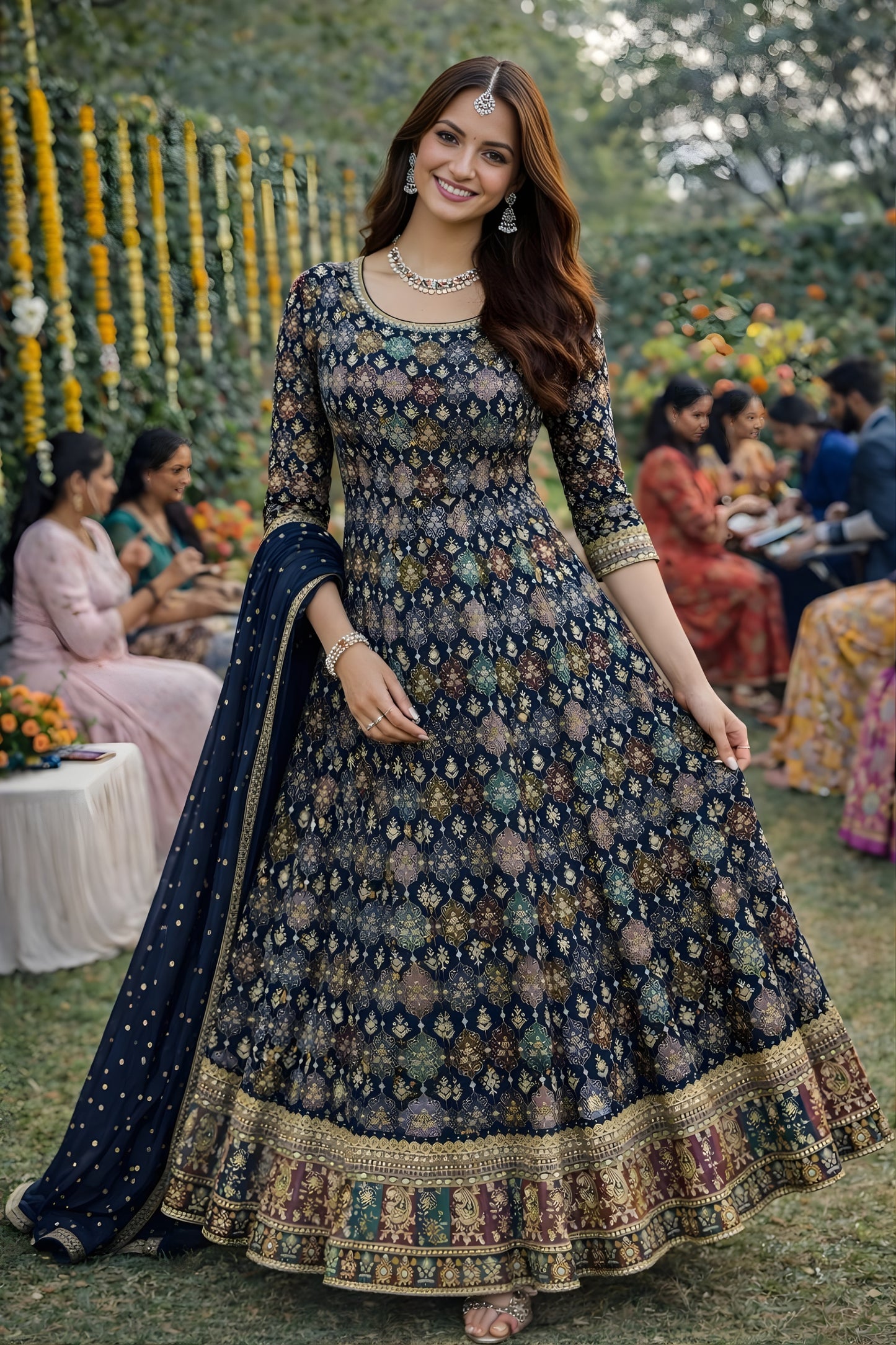 Perfect Navy Blue Embroidered Georgette Anarkali Suit with Dupatta for Wedding