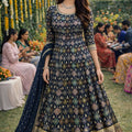 Perfect Navy Blue Embroidered Georgette Anarkali Suit with Dupatta for Wedding