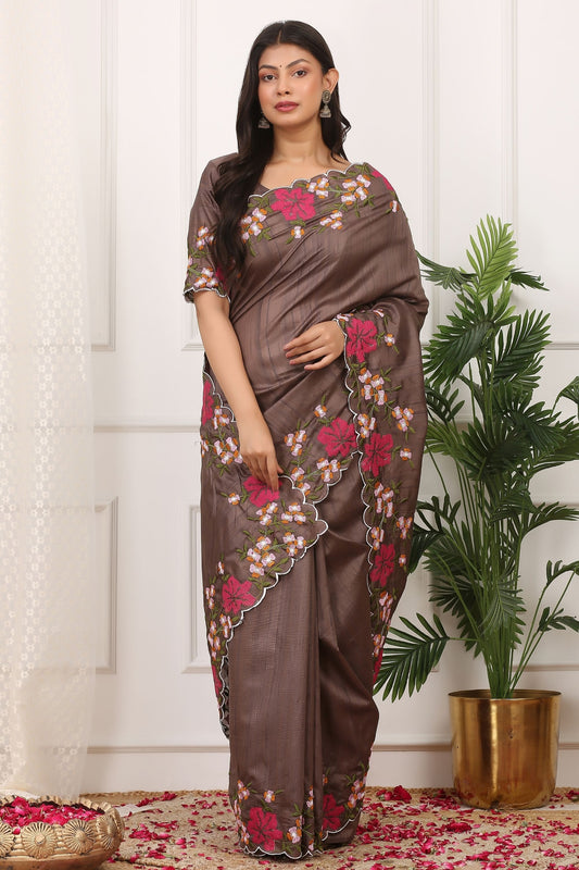 Brown Silk Saree with Floral Embroidery Border Designer Blouse