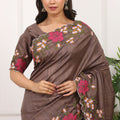 Brown Silk Saree with Floral Embroidery Border Designer Blouse