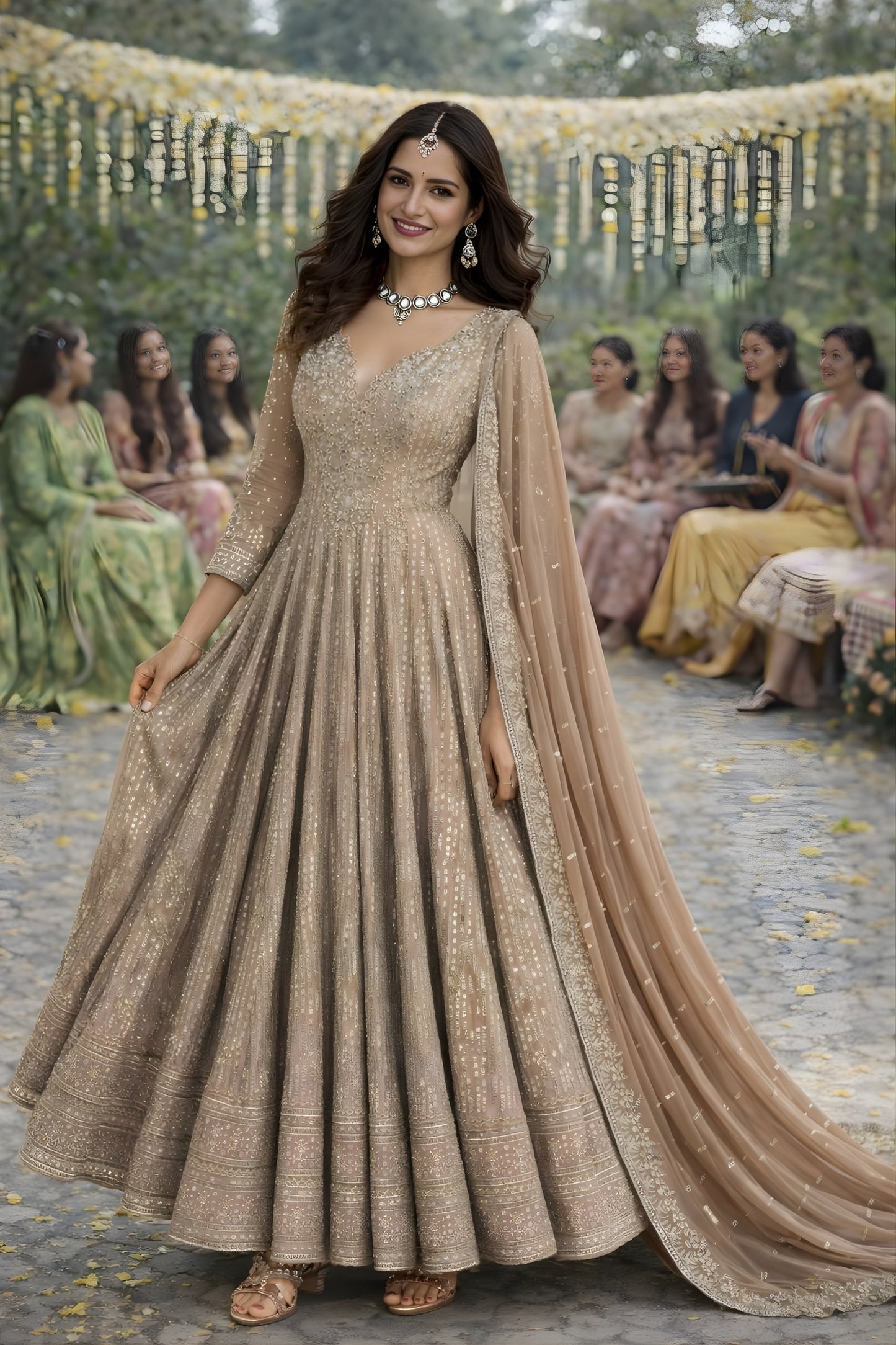 Excellent Beige Embroidered Georgette Anarkali Suit with Dupatta for Wedding