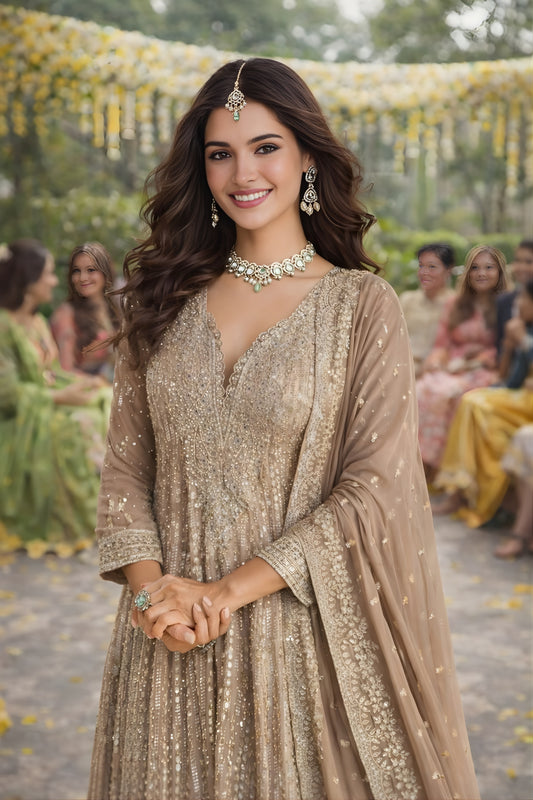 Excellent Beige Embroidered Georgette Anarkali Suit with Dupatta for Wedding