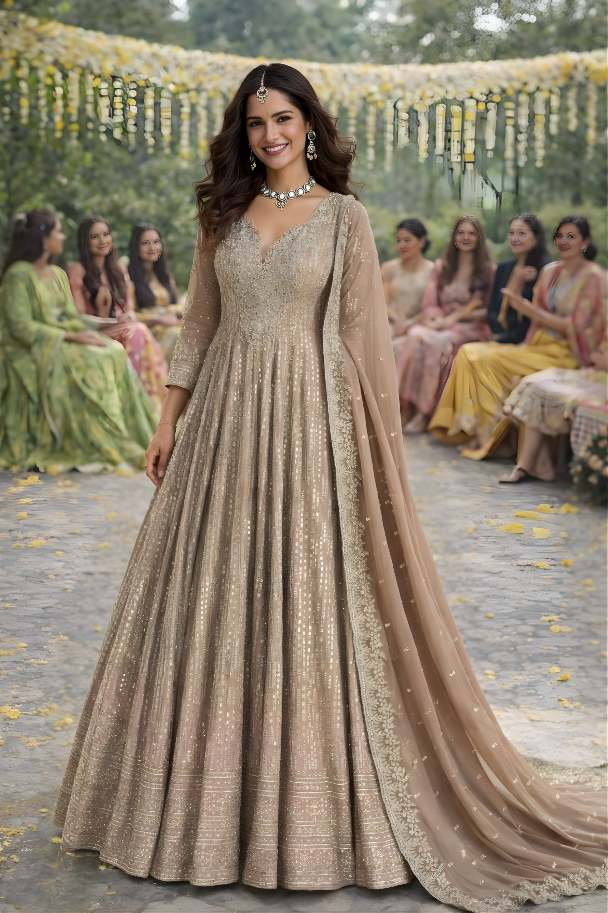 Excellent Beige Embroidered Georgette Anarkali Suit with Dupatta for Wedding