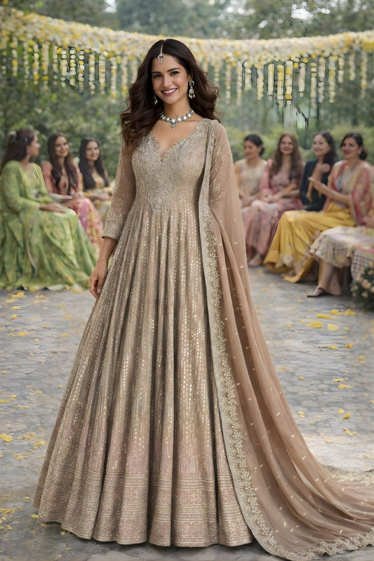 Excellent Beige Embroidered Georgette Anarkali Suit with Dupatta for Wedding