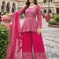 Elegant Rani Pink Embroidered Chinon Palazzo Suit with Dupatta for Wedding