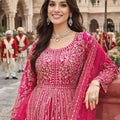 Elegant Rani Pink Embroidered Chinon Palazzo Suit with Dupatta for Wedding
