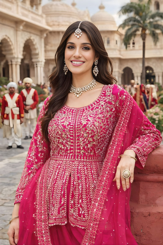 Elegant Rani Pink Embroidered Chinon Palazzo Suit with Dupatta for Wedding