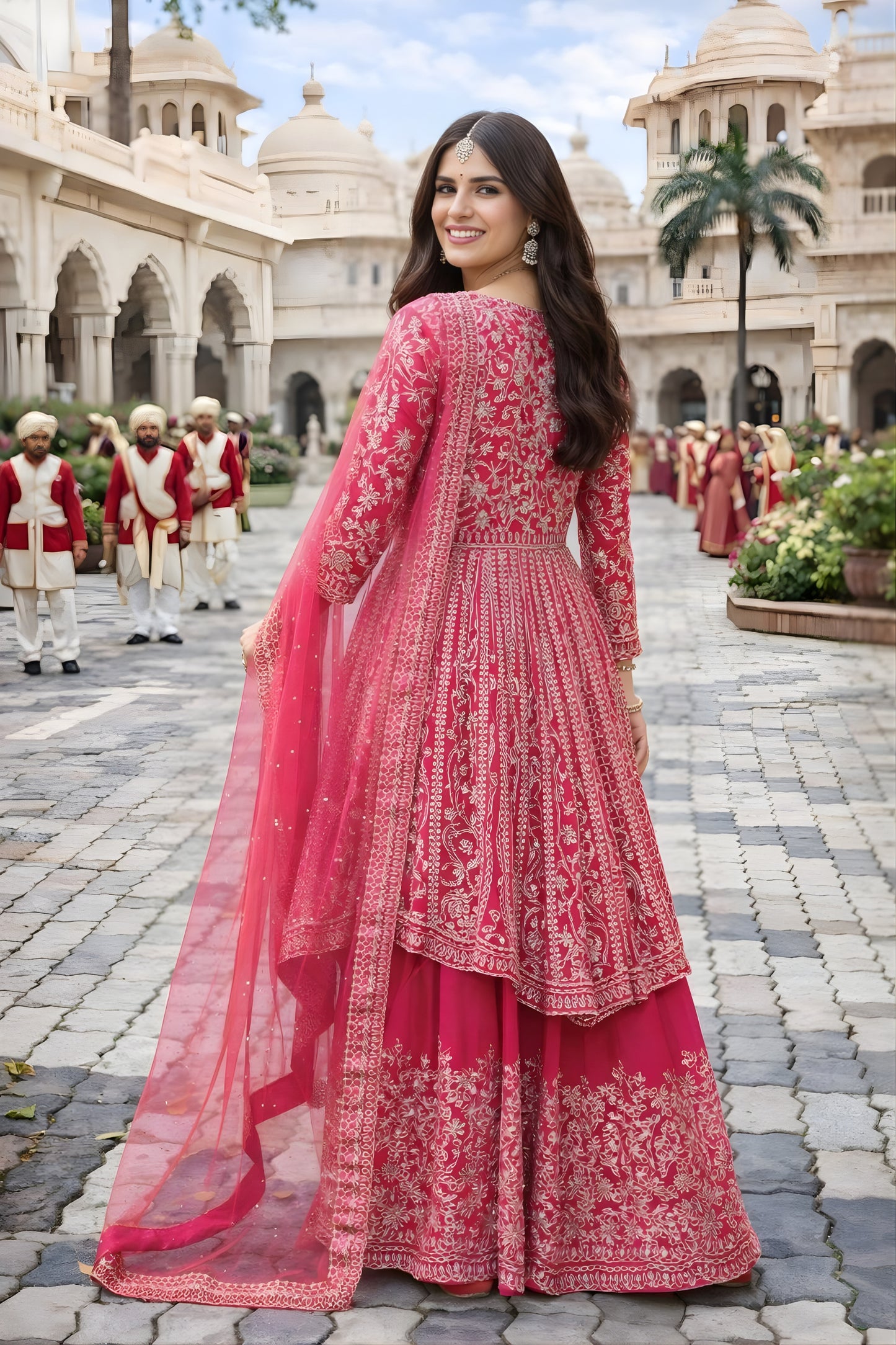 Elegant Rani Pink Embroidered Chinon Palazzo Suit with Dupatta for Wedding