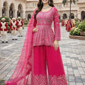 Elegant Rani Pink Embroidered Chinon Palazzo Suit with Dupatta for Wedding