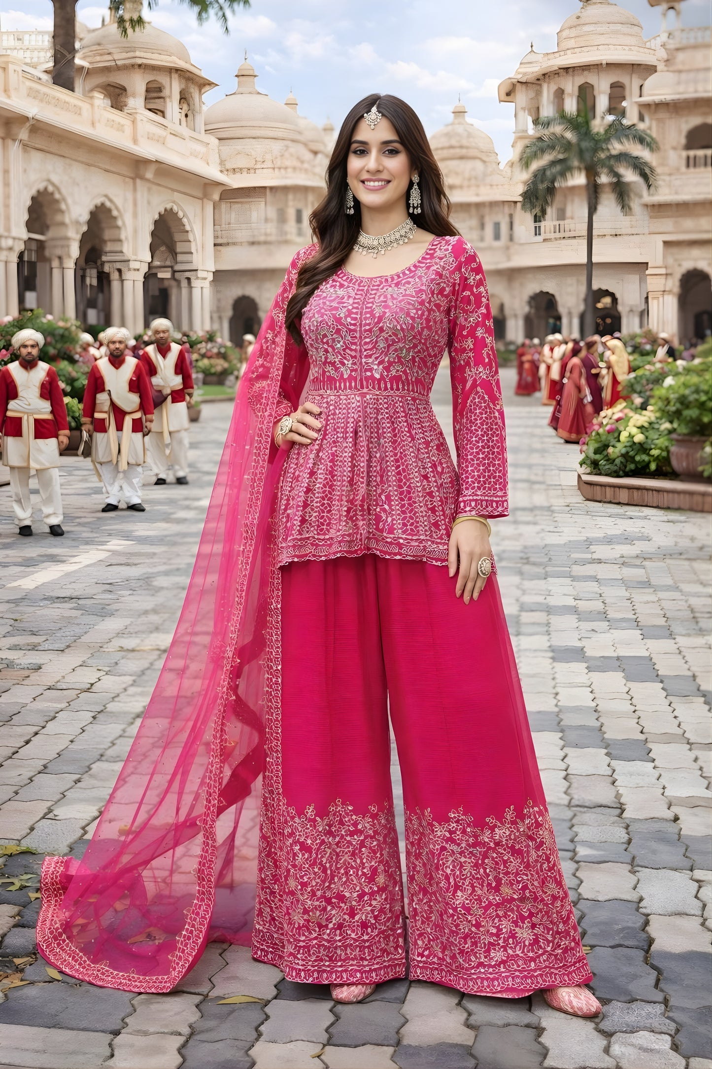Elegant Rani Pink Embroidered Chinon Palazzo Suit with Dupatta for Wedding