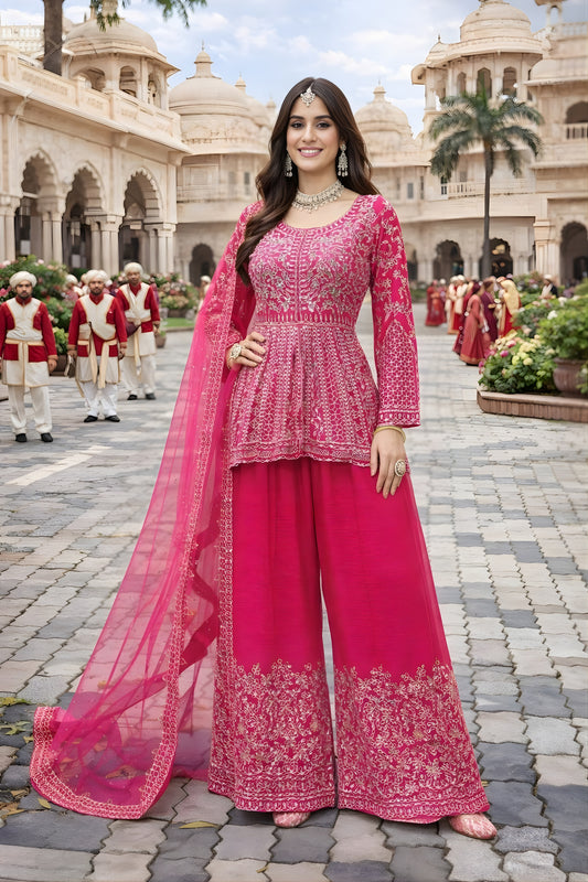 Elegant Rani Pink Embroidered Chinon Palazzo Suit with Dupatta for Wedding