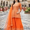 Fancy Look Orange Embroidered Chinon Palazzo Suit with Dupatta for Wedding