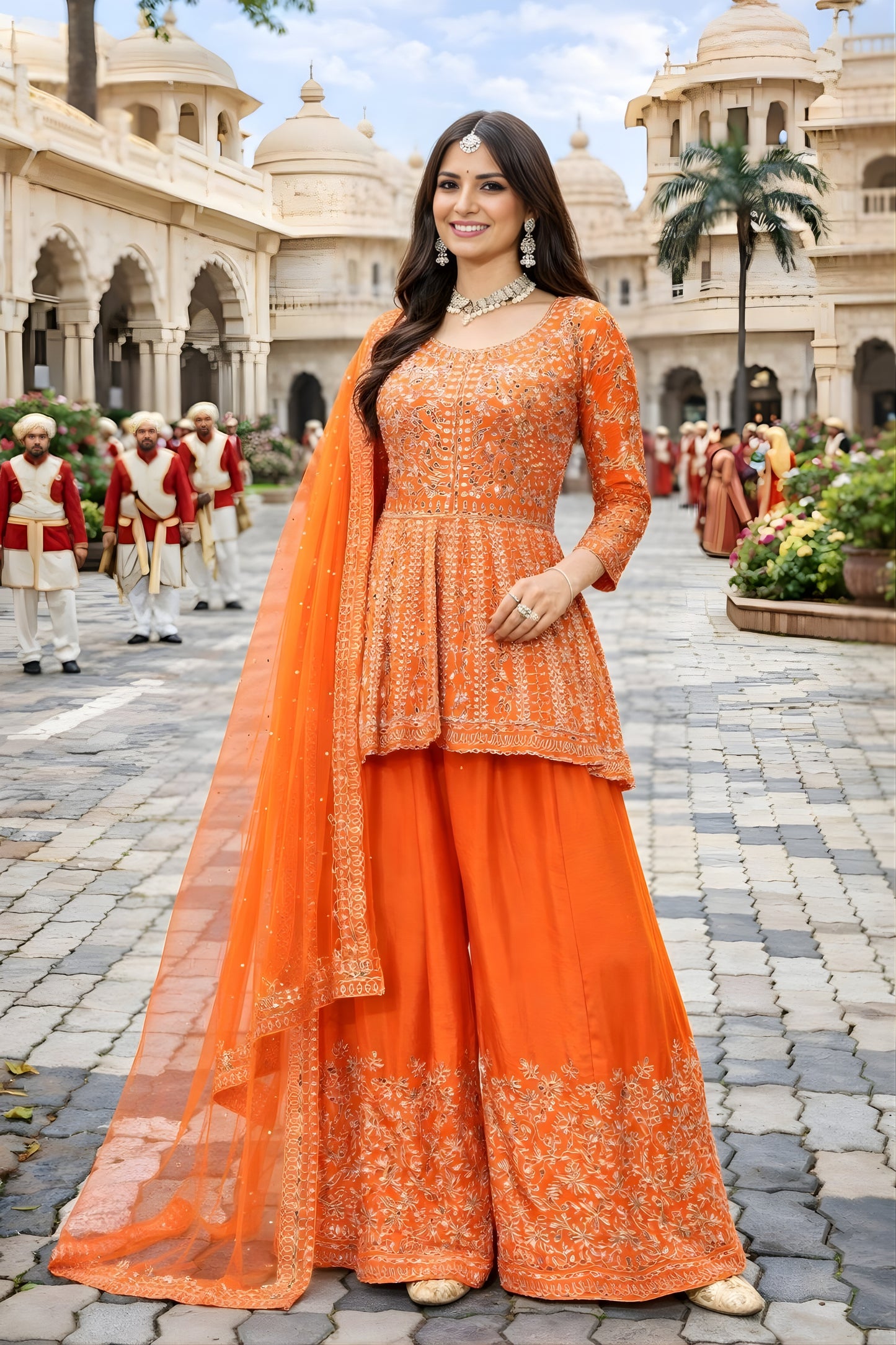 Fancy Look Orange Embroidered Chinon Palazzo Suit with Dupatta for Wedding