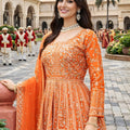 Fancy Look Orange Embroidered Chinon Palazzo Suit with Dupatta for Wedding