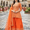 Fancy Look Orange Embroidered Chinon Palazzo Suit with Dupatta for Wedding