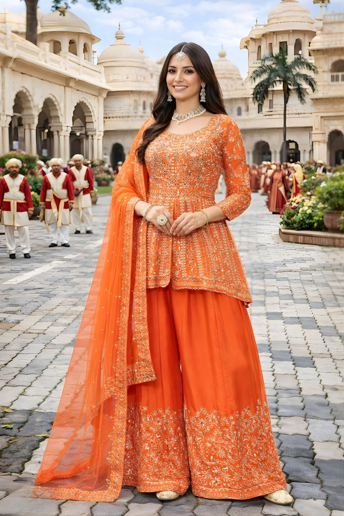 Fancy Look Orange Embroidered Chinon Palazzo Suit with Dupatta for Wedding