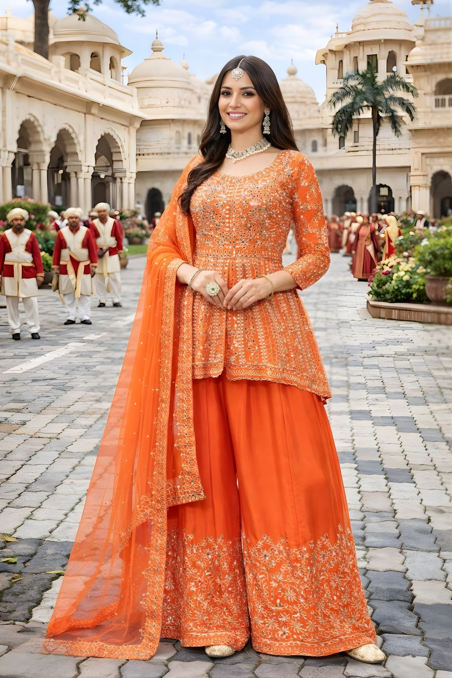 Fancy Look Orange Embroidered Chinon Palazzo Suit with Dupatta for Wedding