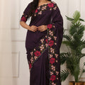 Wine Purple Silk Saree Floral Embroidery Border Designer Blouse