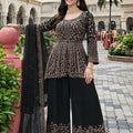 Trendy Black Embroidered Chinon Palazzo Suit with Dupatta for Wedding