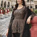 Trendy Black Embroidered Chinon Palazzo Suit with Dupatta for Wedding