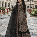 Trendy Black Embroidered Chinon Palazzo Suit with Dupatta for Wedding