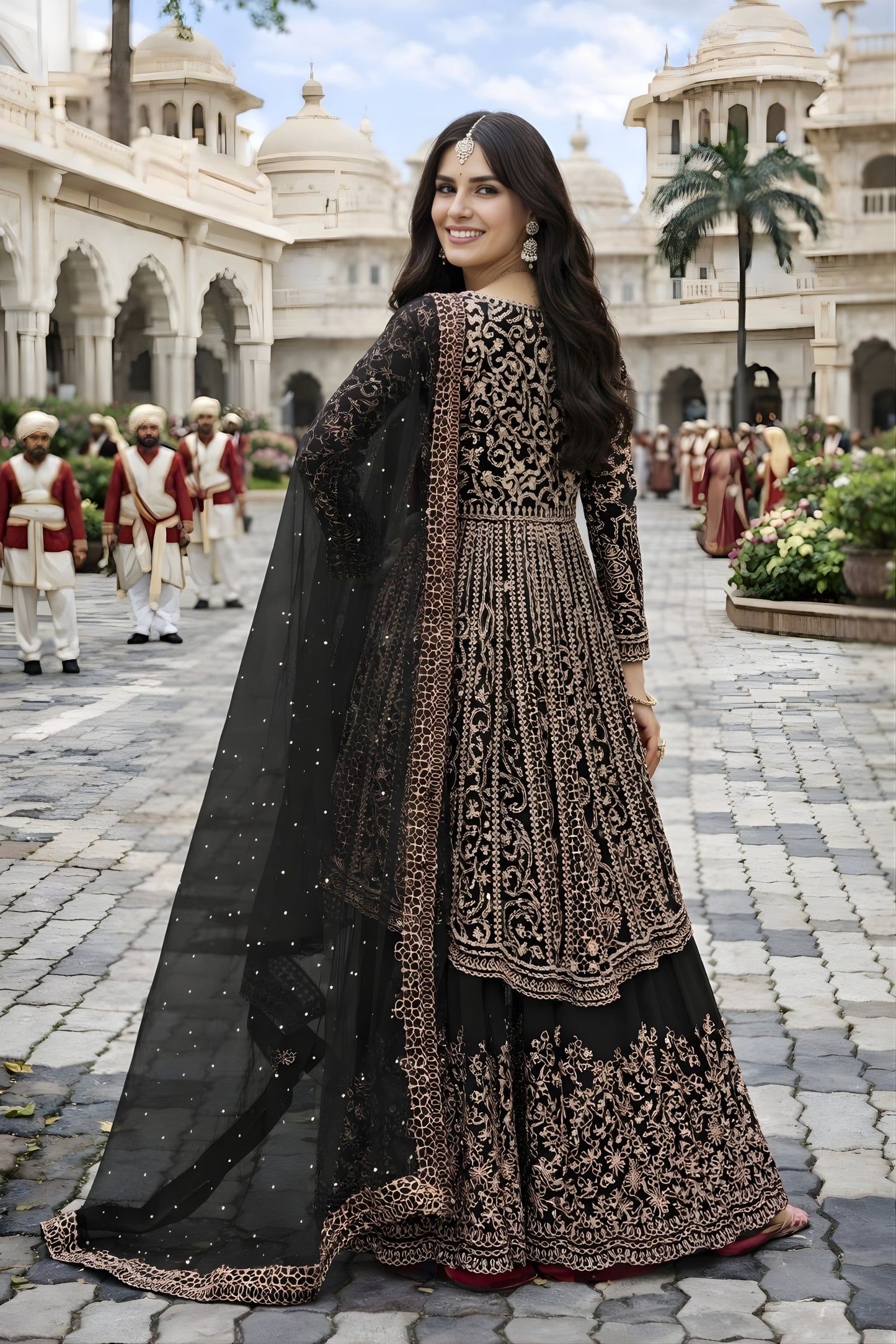 Trendy Black Embroidered Chinon Palazzo Suit with Dupatta for Wedding