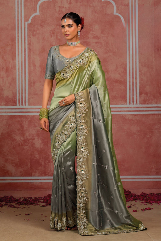 Elegant Pista Green Pure Ziraf Silk Saree Zari Cutdana Work for Women