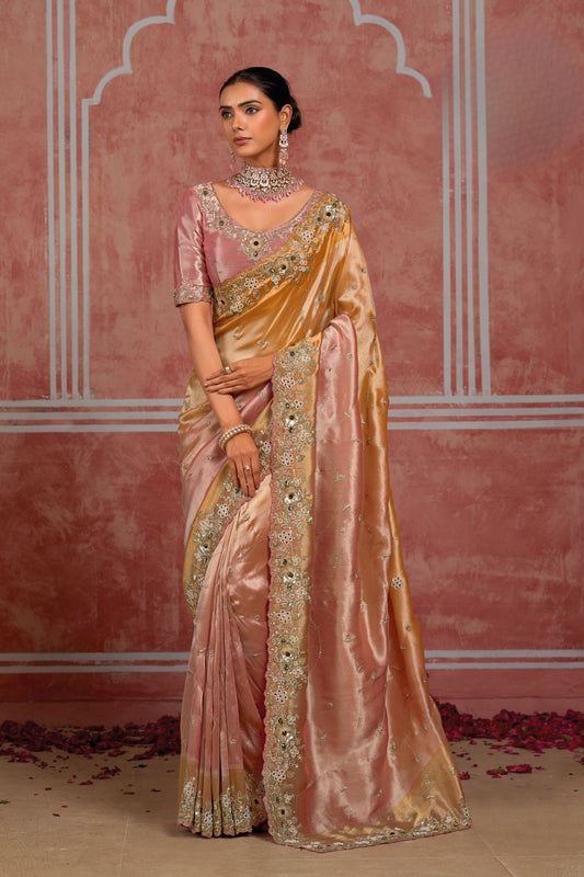 Beautiful Blush Pink Pure Ziraf Silk Saree Zari Cutdana Work for Women