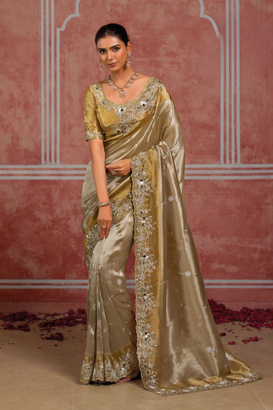 Traditional Gold Pure Ziraf Silk Saree Zari Cutdana Work for Women