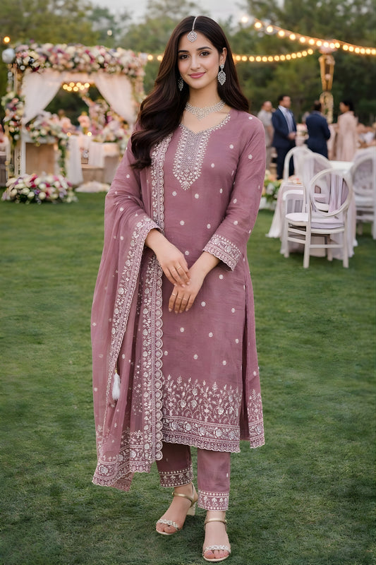 Elegant Pink Gold Crush Embroidered Salwar Suit Set with Dupatta for Wedding Wear