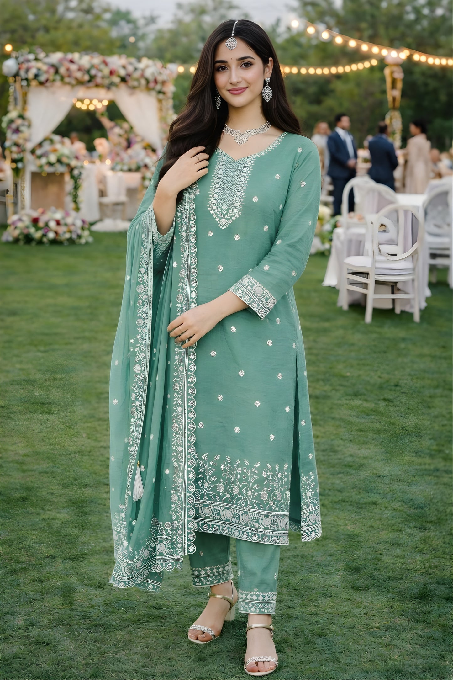 Fancy Sea Green Gold Crush Embroidered Salwar Suit Set with Dupatta for Wedding