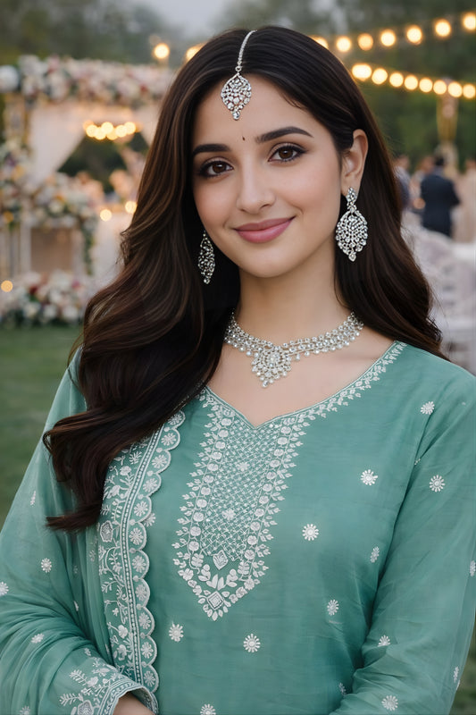 Fancy Sea Green Gold Crush Embroidered Salwar Suit Set with Dupatta for Wedding