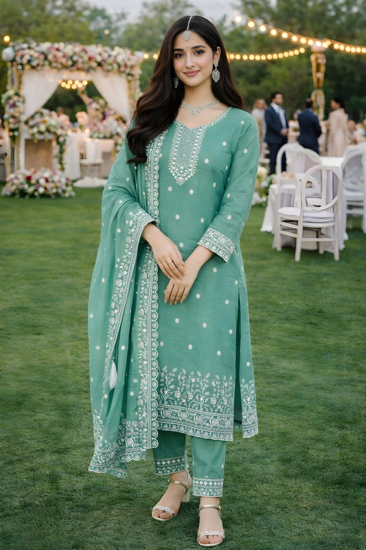 Fancy Sea Green Gold Crush Embroidered Salwar Suit Set with Dupatta for Wedding