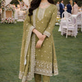 Stylish Olive Green Gold Crush Embroidered Salwar Suit Set with Dupatta for Wedding
