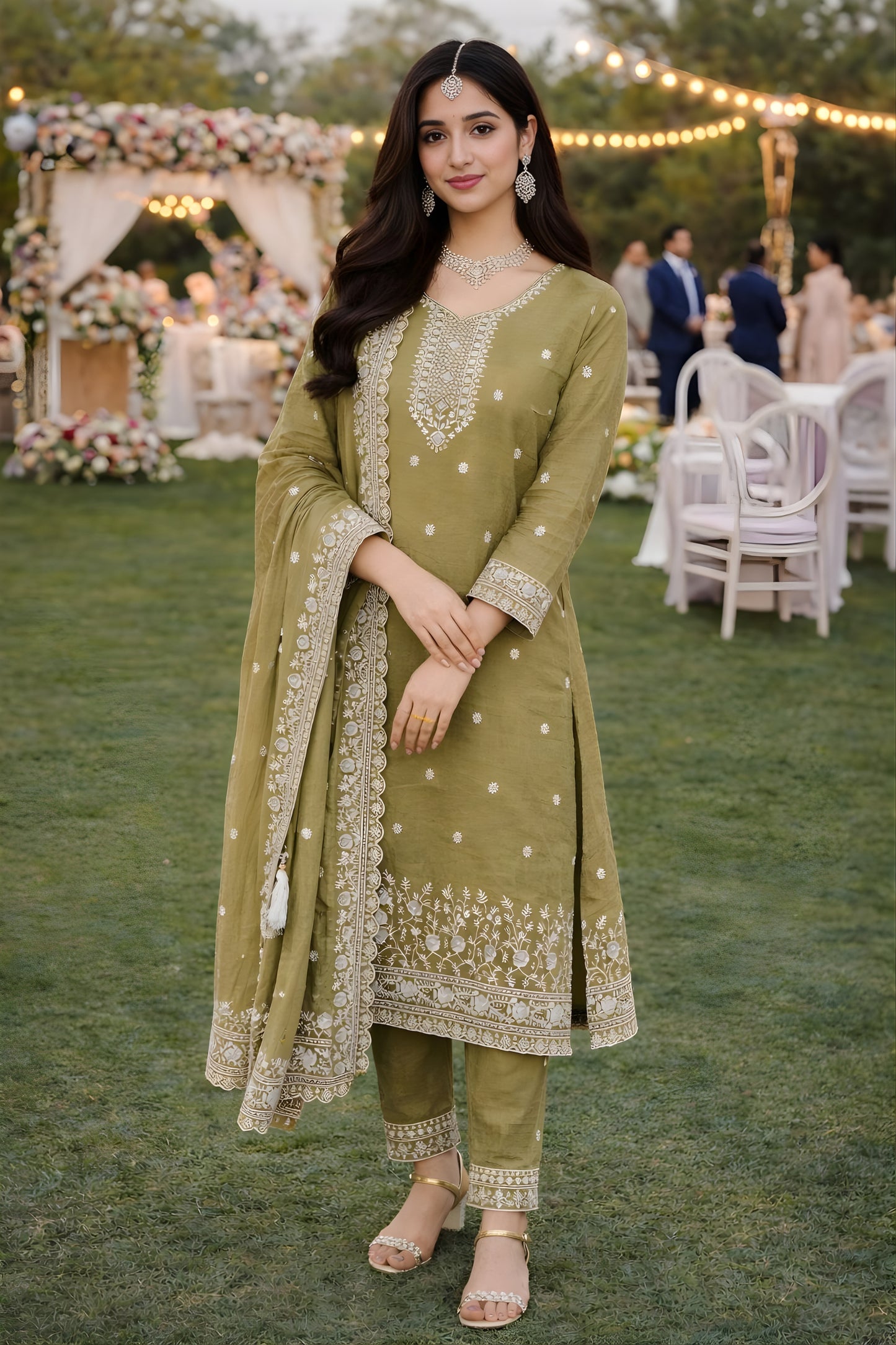 Stylish Olive Green Gold Crush Embroidered Salwar Suit Set with Dupatta for Wedding