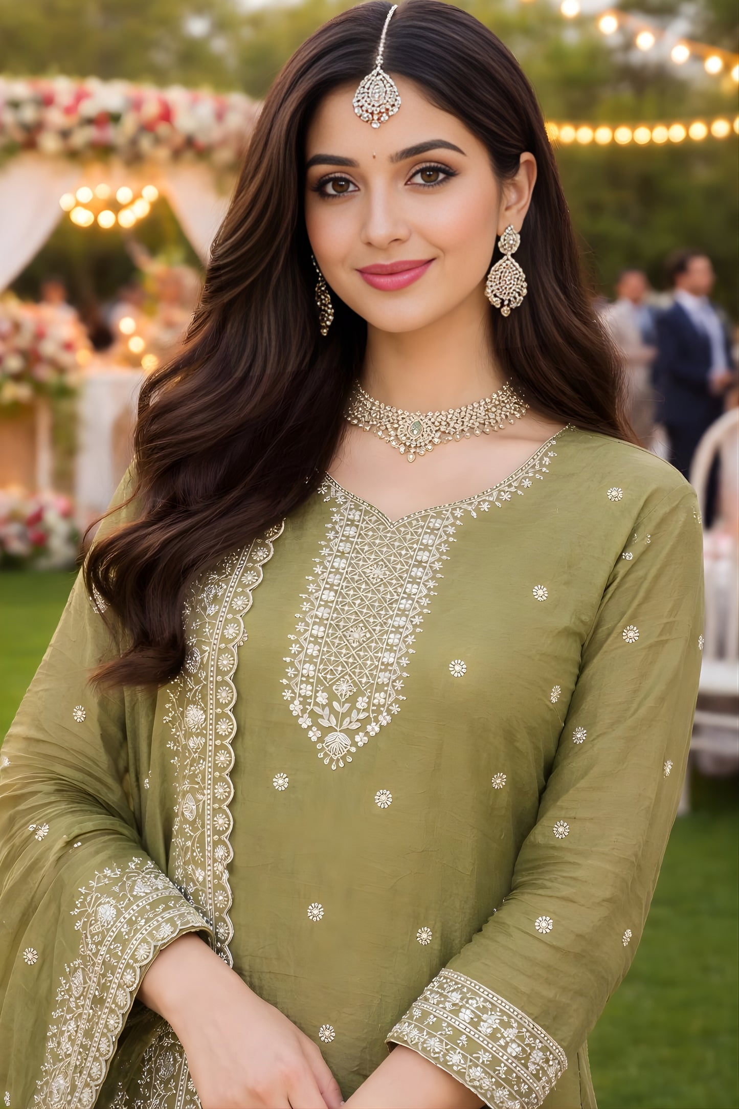Stylish Olive Green Gold Crush Embroidered Salwar Suit Set with Dupatta for Wedding