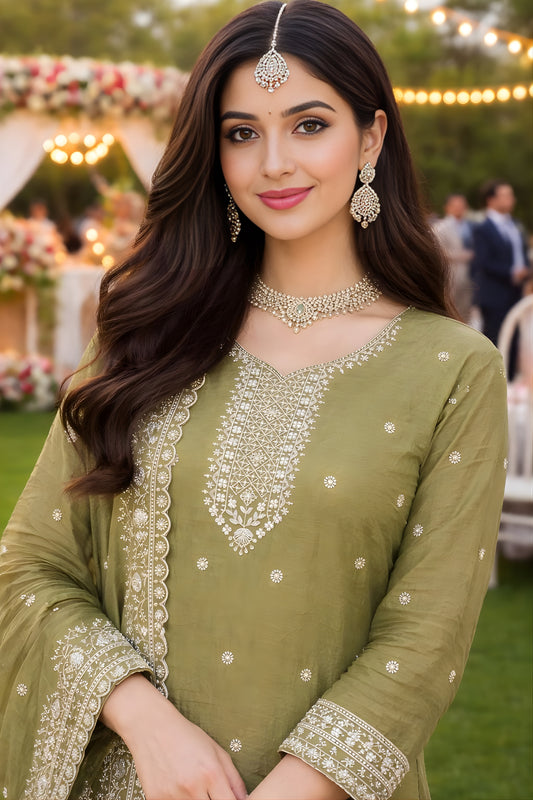 Stylish Olive Green Gold Crush Embroidered Salwar Suit Set with Dupatta for Wedding