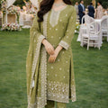 Stylish Olive Green Gold Crush Embroidered Salwar Suit Set with Dupatta for Wedding