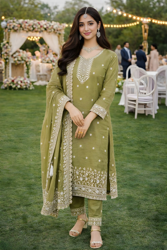 Stylish Olive Green Gold Crush Embroidered Salwar Suit Set with Dupatta for Wedding