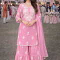 Lovely Pink Embroidered Georgette Sharara Suit with Dupatta for Wedding