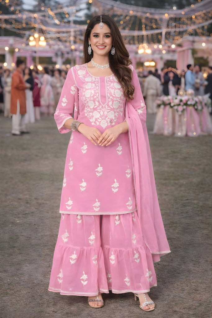 Lovely Pink Embroidered Georgette Sharara Suit with Dupatta for Wedding