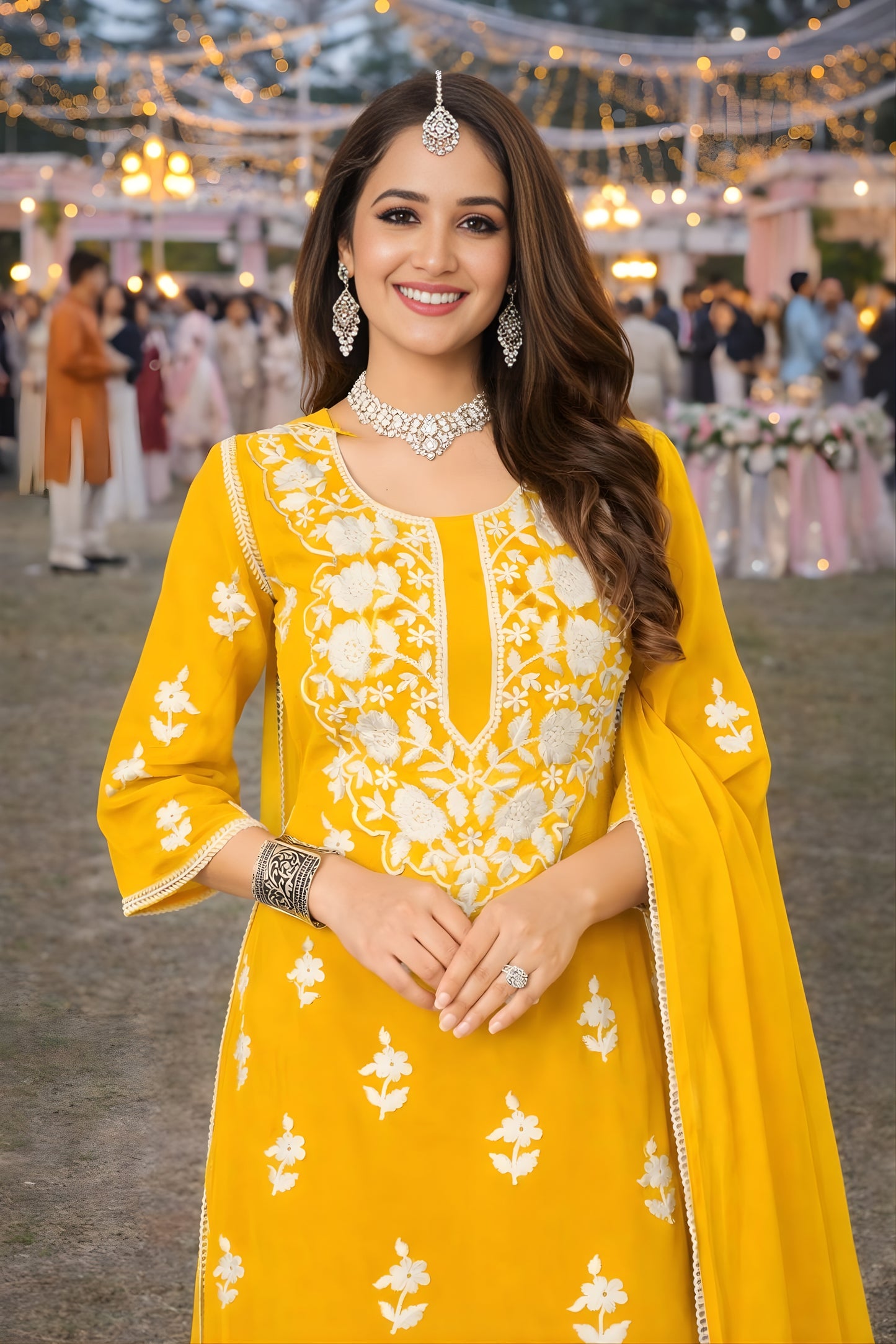Stylish Yellow Embroidered Georgette Sharara Suit with Dupatta for Wedding