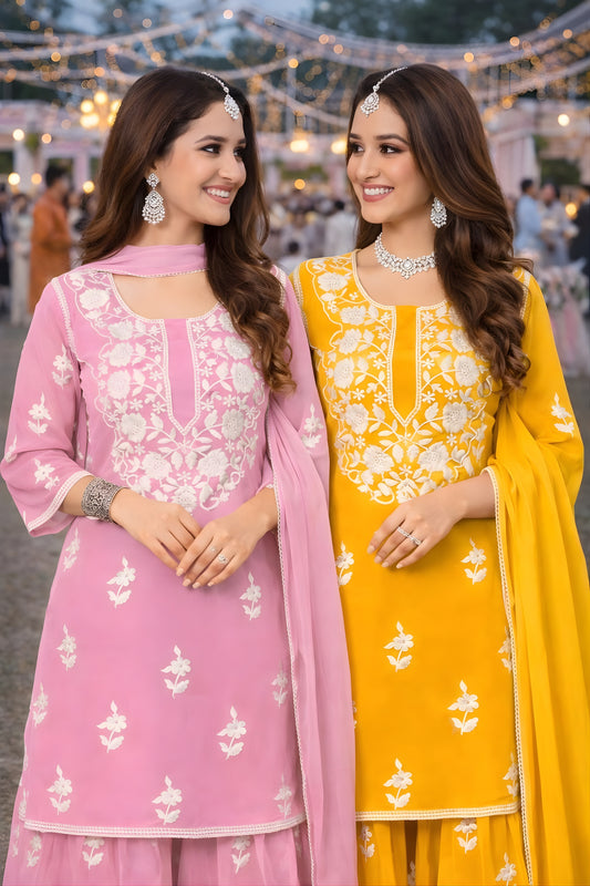 Lovely Pink Embroidered Georgette Sharara Suit with Dupatta for Wedding