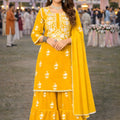 Stylish Yellow Embroidered Georgette Sharara Suit with Dupatta for Wedding